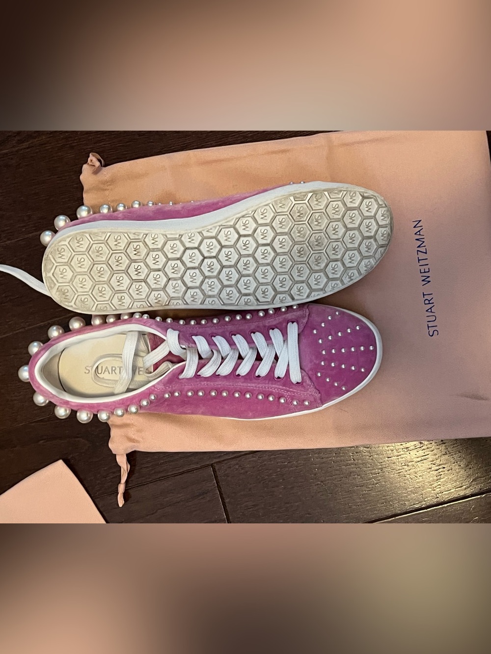 Stuart Weitzman Pink Pearl-Trim Suede Lace-Up Sneakers